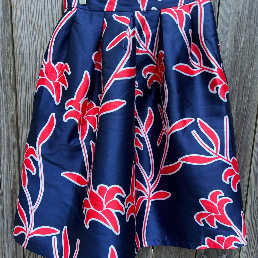 LUCY WANG Orange Navy Blue Floral A Line Skirt Women’s Large